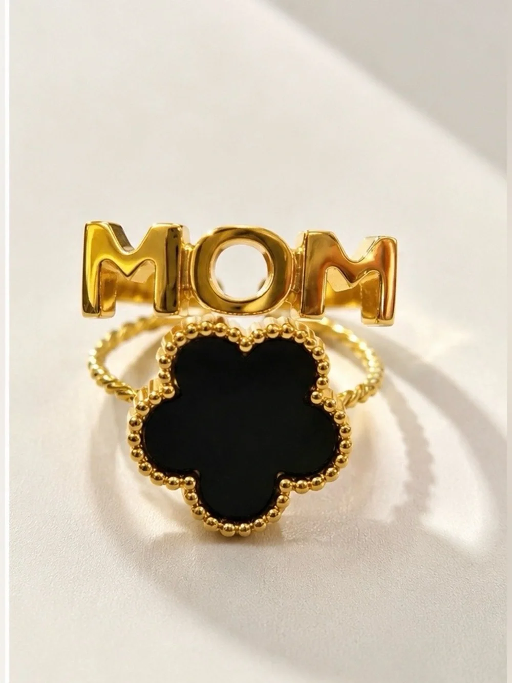 Gold Stainless Steel Ring Set – MOM Ring + Black Clover Ring | Water Resistant